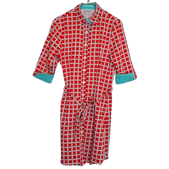 Haley & the Hound Retro Womens‎ Shirt Dress 4 Madeline Red Aqua Geometric Trad - Picture 1 of 7
